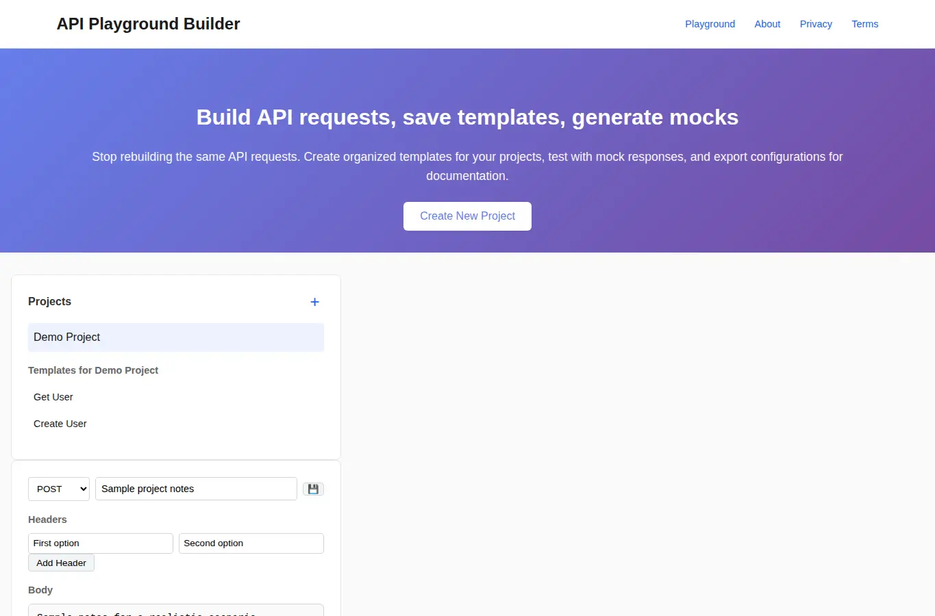 Screenshot of Developer API Playground Builder interface showing the project page in use